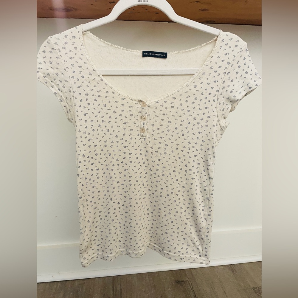 Brandy Melville Floral Button Ribbed Tee Ivory with Blue Flowers